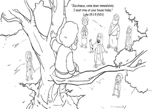 Página para Colorir Cena Bíblica: Jesus e Zaqueu