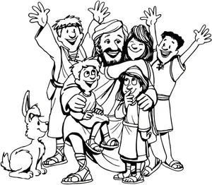 Página para Colorir Jesus e Crianças Alegres