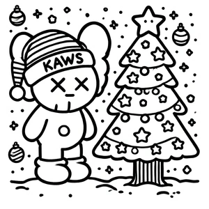 Página para Colorir Kaws com uma Árvore de Natal
