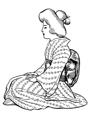 Página para Colorir Uma mulher japonesa está vestida com um quimono.