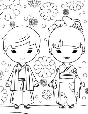 Página para Colorir Crianças do Japão vestem trajes tradicionais Kimono