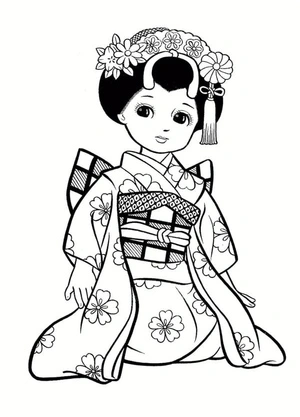 Página para Colorir Geisha em Kimono Tradicional