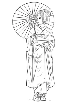 Página para Colorir Garota com Traje Tradicional Japonês