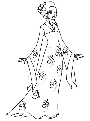 Página para Colorir Garota com Kimono Japonês Tradicional