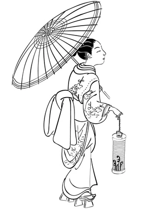 Página para Colorir Mulher com Kimono Japonês Tradicional