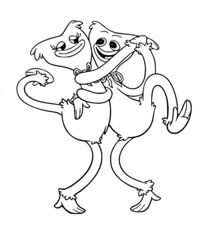 Kissy Missy e Huggy Wuggy dançando, página para colorir fácil, imprimível grátis