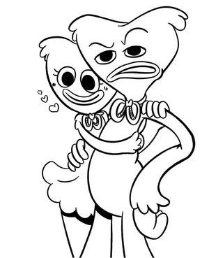 Kissy Missy e Huggy Wuggy abraçados, página de colorir fácil Kissy Missy, imprimível grátis