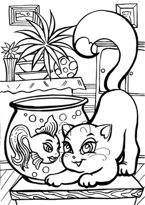 Página para Colorir Gato e Peixe