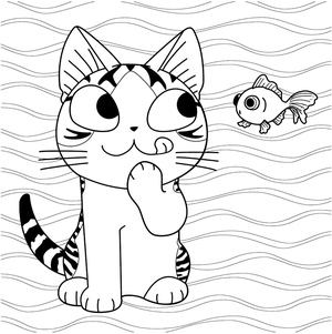 Ilustração de Gatinho e Peixinho Dourado