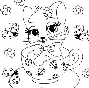 Página para Colorir Gatinho com Joaninhas