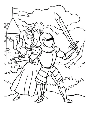 Página para Colorir Cavaleiro Protegendo a Princesa
