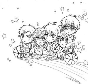 Personagens chibi de Kuroko no Basket sentados com bolas, médio, página para colorir gratuita