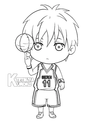 Kuroko Tetsuya chibi com bola de basquete, média Kuroko No Basket coloring page, free printable