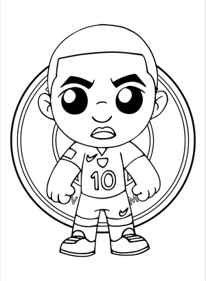Personagem fofo com uniforme de futebol, página de colorir fácil Kylian Mbappé, imprimível grátis