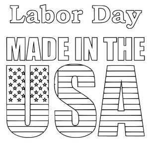 Texto Made in the USA com bandeira, fácil página de colorir do Dia do Trabalho, grátis para imprimir