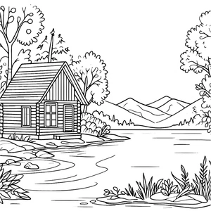 Página para Colorir Casa à Beira do Lago