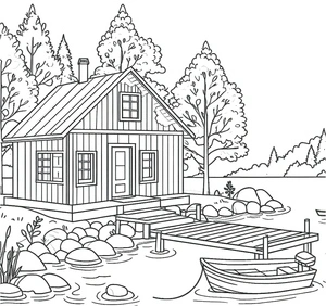 Página para Colorir Cabana Rústica à Beira do Lago
