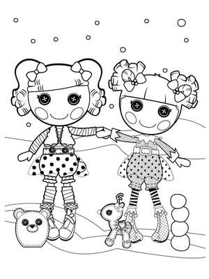 Duas bonecas Lalaloopsy de mãos dadas, página de colorir detalhada, para impressão gratuita