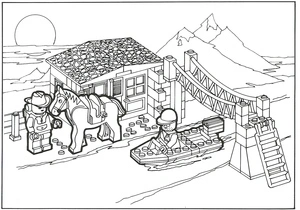 Fazendeiro Lego com cavalo e barco, página de colorir média Lego City, grátis para imprimir