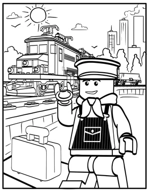 maquinista Lego acenando na estação, página para colorir média Lego City, grátis para imprimir