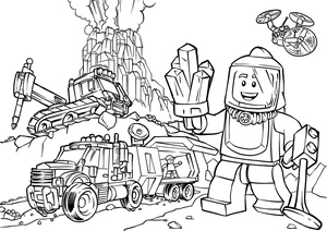 Operador Lego segurando cristais, página de colorir média Lego City, impressão gratuita