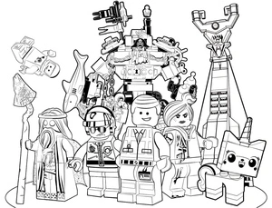 personagens Lego em pose, página para colorir detalhada do Filme Lego, grátis para imprimir