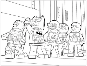 Liga da Justiça em pé, página para colorir Lego detalhada, impressão gratuita
