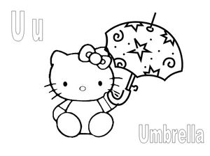 Hello Kitty com guarda-chuva, fácil letra U coloring page, imprimível gratuito