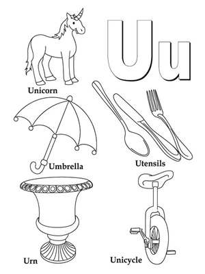 Unicórnio e objetos com U, fácil letra U página para colorir, grátis para imprimir