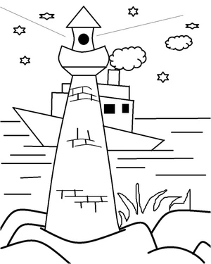 Página para Colorir Barco e Farol