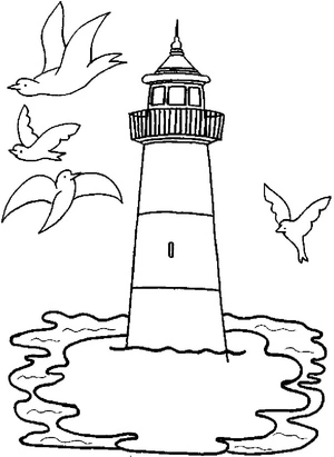 Página para Colorir Cena do Farol com Gaivotas