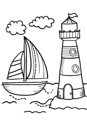 Página para Colorir Cena Náutica: Veleiro e Farol
