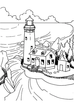Página para Colorir Paisagem Marinha com Farol