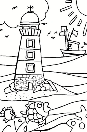 Página para Colorir Farol à Beira-Mar e Cardumes