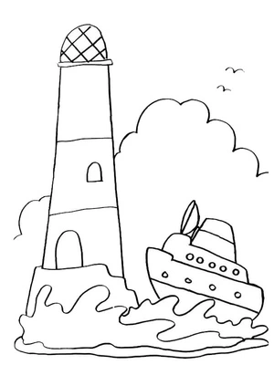 Página para Colorir Navio no Farol