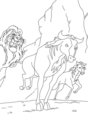 Página para Colorir Mufasa Furioso e Dois Cavalos