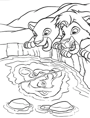 Página para Colorir Simba e Nala olhando para o lago tranquilo