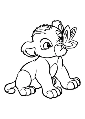 Página para Colorir Simba Brincando com uma Borboleta