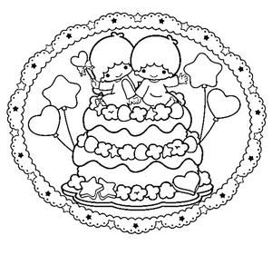 Página para Colorir Little Twin Stars com Bolo de Aniversário