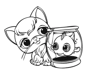 Página para Colorir Filhote de Gato e Peixe do Littlest Pet Shop