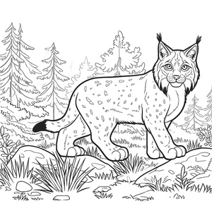 Lince adorável na floresta, página de colorir detalhada de lince, impressão gratuita