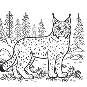 Lince em pé na floresta, página para colorir de lince detalhada, impressão gratuita