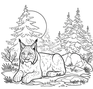 Lince descansando sob a lua cheia, página para colorir detalhada de lince, imprimível grátis