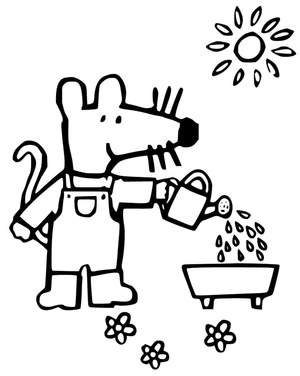 Maisy regando flores, fácil página de colorir Maisy Mouse, grátis para imprimir