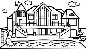 Página para Colorir Mansão Luxuosa com Piscina Brilhante