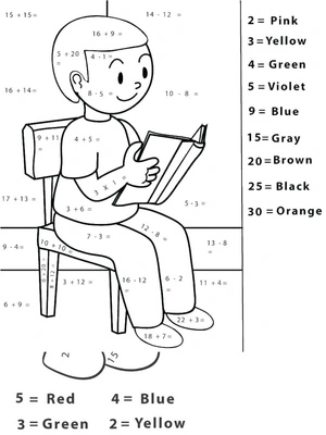 Página para Colorir Colorir por Número Matemática: Adição e Subtração