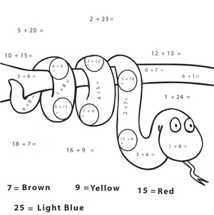 Página para Colorir Planilha de Matemática Colorir por Número: Adição de Cobra