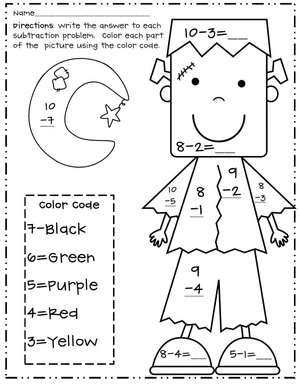 Página para Colorir Planilha de Subtração para Colorir por Número