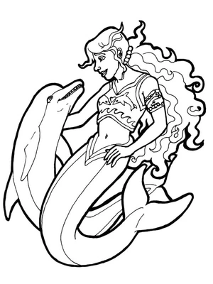 Sereia com golfinho, página de colorir detalhada sereia, impressão gratuita