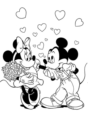 Minnie Mouse segurando um lindo buquê de flores com Mickey Mouse